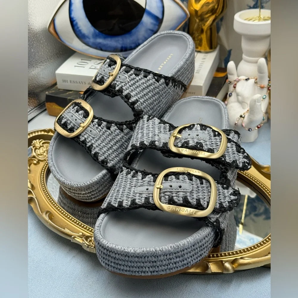 🆕 LOEFFLER RANDALL 🧿 NWOB Theo Embroidered Raffia Platform Sandal, Blue Sz 8